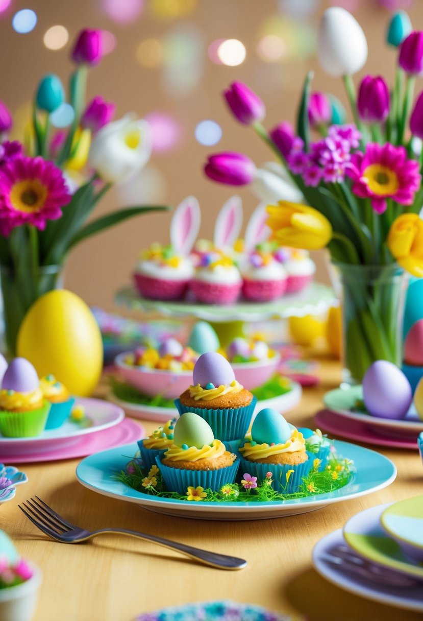 A table set with colorful Easter desserts and treats, surrounded by vibrant spring flowers and decorative eggs