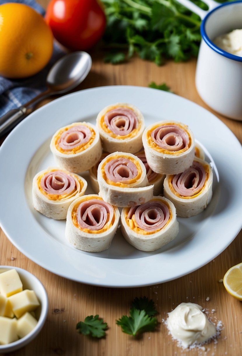 A plate of ham and cream cheese roll-ups, surrounded by scattered ingredients and kitchen utensils