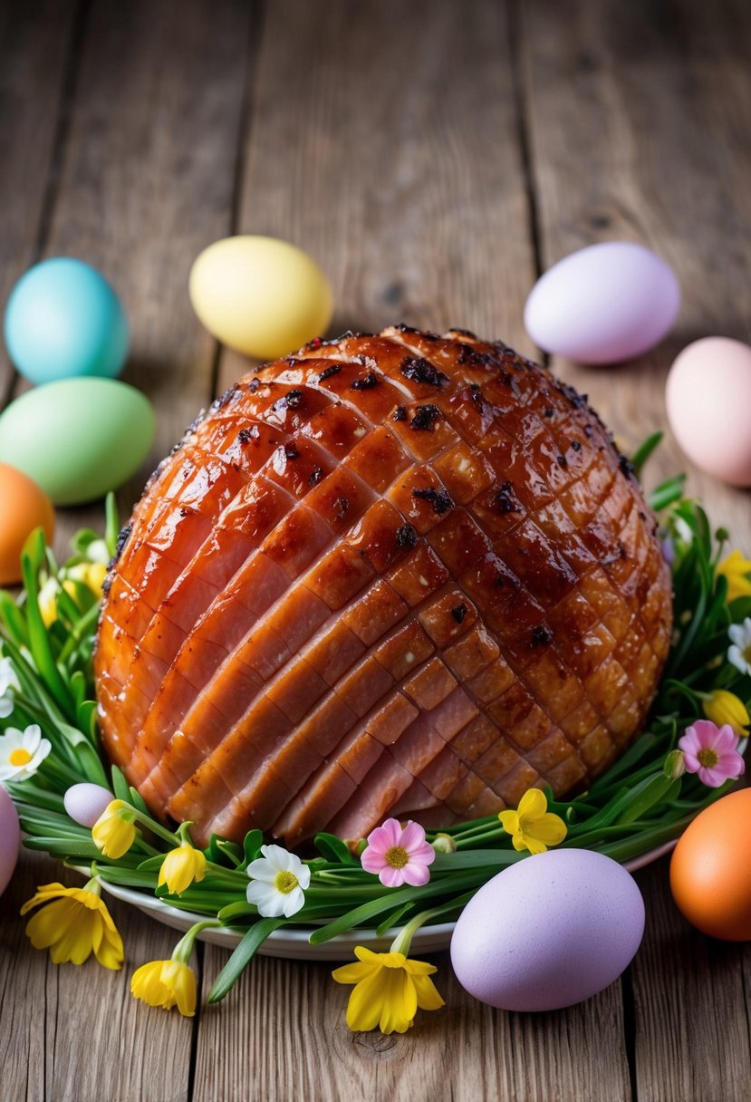 A succulent glazed ham surrounded by colorful Easter eggs and fresh spring flowers