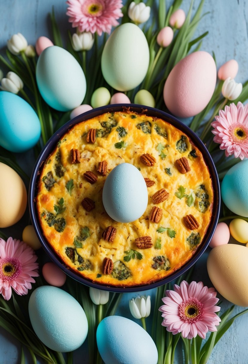 A colorful Easter breakfast casserole surrounded by pastel-colored eggs and spring flowers