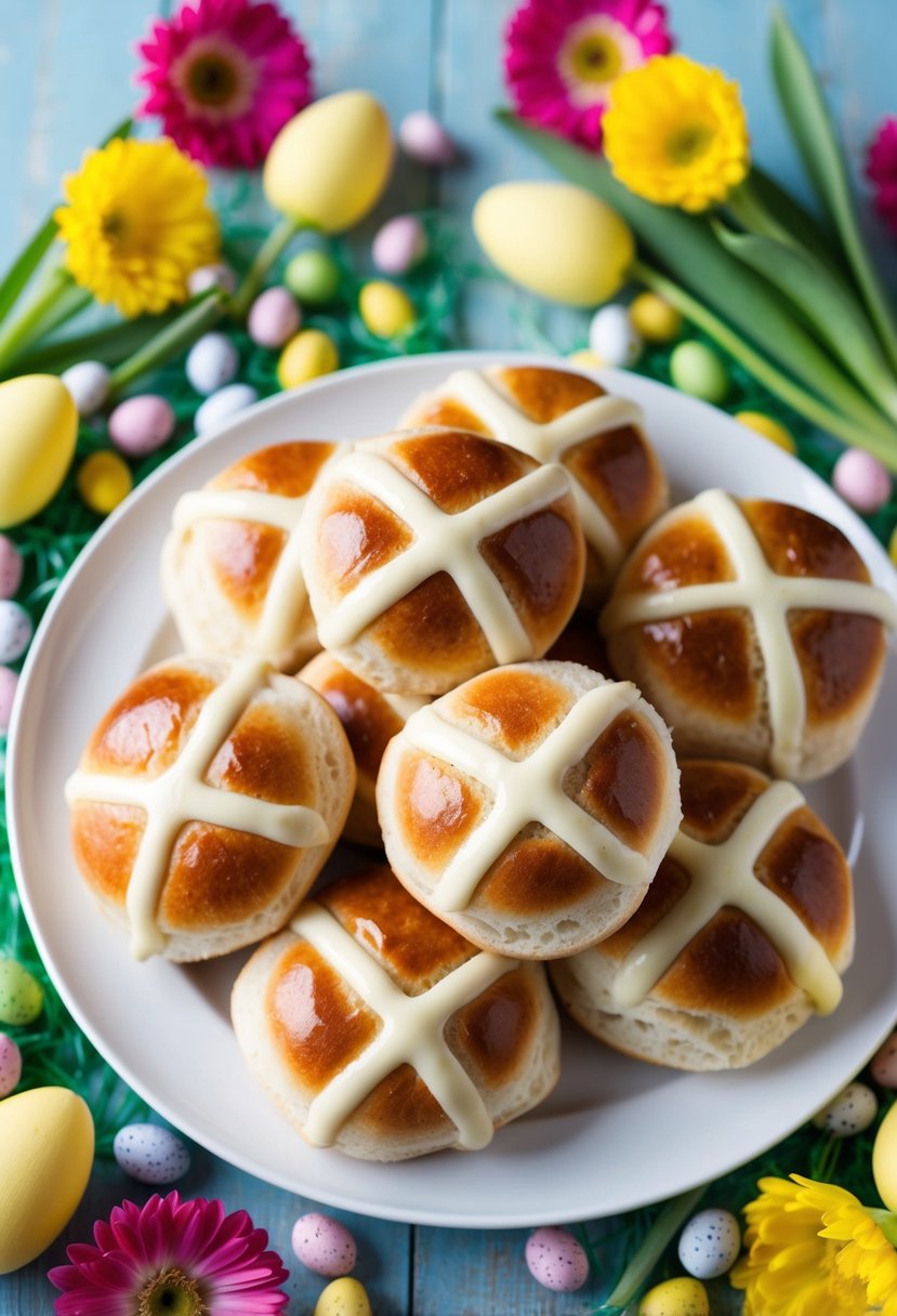 A plate of hot cross buns surrounded by colorful Easter decorations and fresh spring flowers