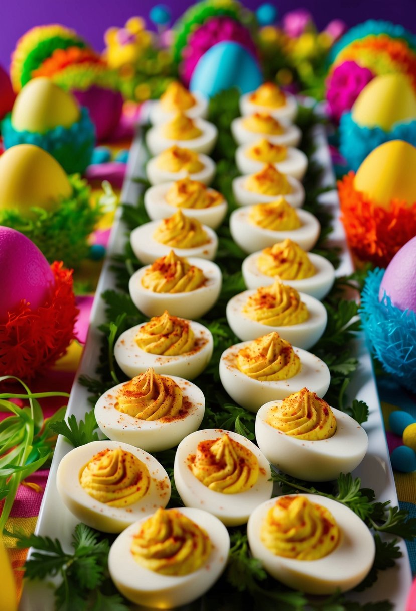 A festive table spread with deviled eggs, garnished with paprika and fresh herbs, surrounded by colorful Easter decorations