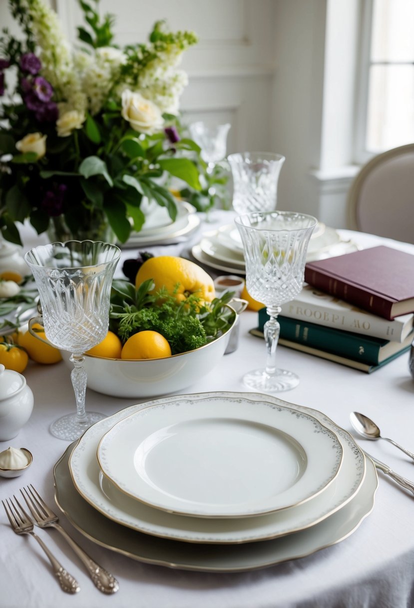 A beautifully set table with a fine china dinnerware, crystal glassware, and silver cutlery, surrounded by elegant ingredients and cookbooks