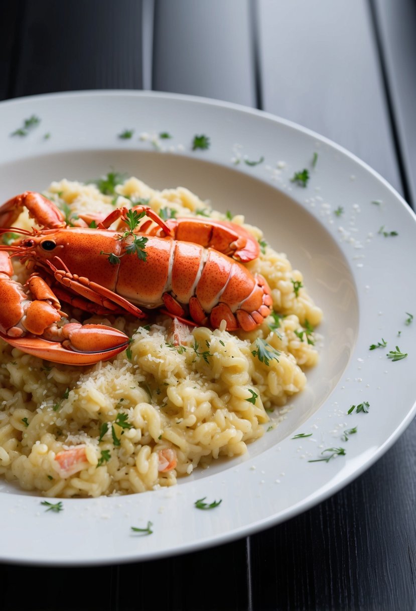 A white porcelain plate with a generous serving of creamy lobster risotto, garnished with fresh herbs and a sprinkle of parmesan cheese, set on a dark wooden table