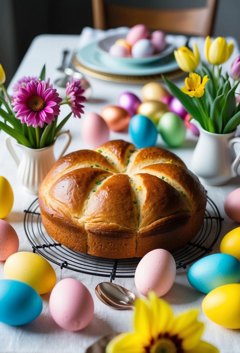 A table set with a freshly baked Easter bread surrounded by colorful dyed eggs and spring flowers