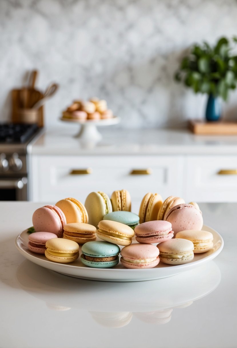 A pristine kitchen counter displays a variety of homemade macarons, arranged in an elegant and inviting manner