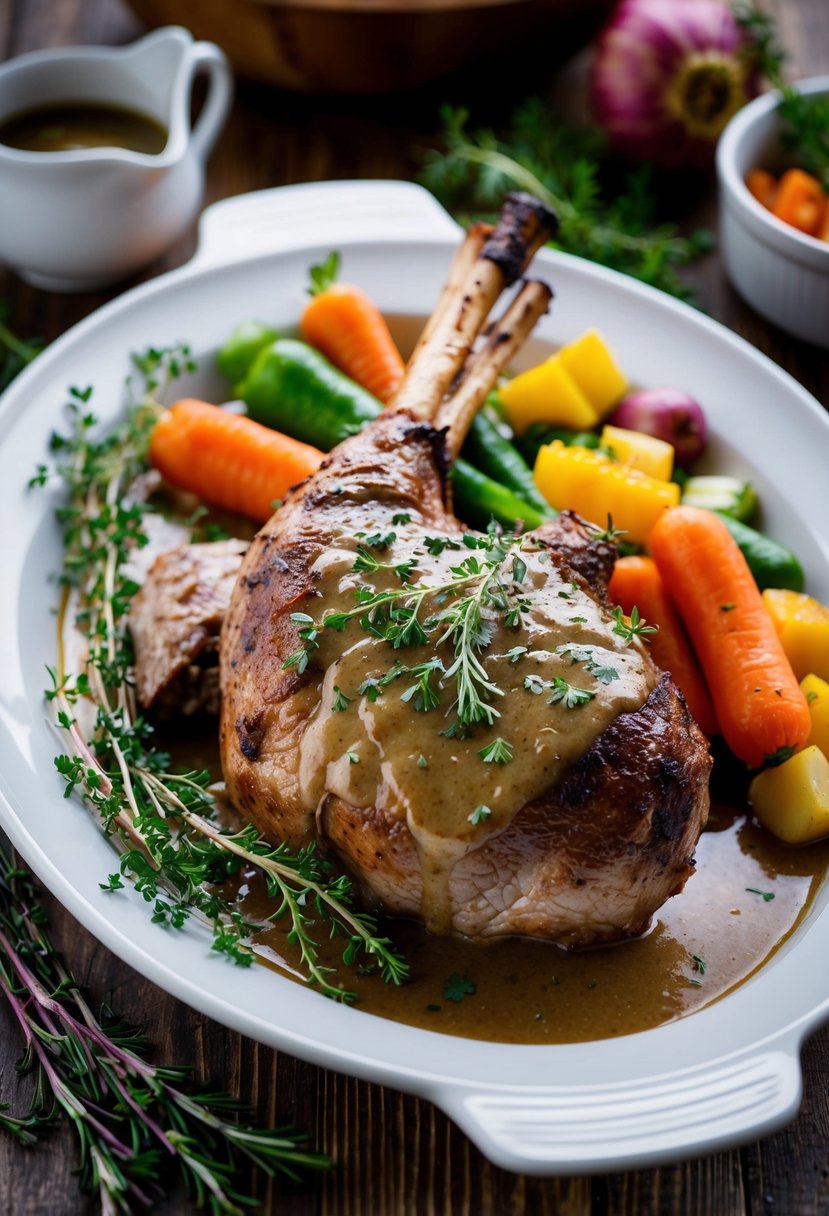 A succulent roast lamb leg, glistening with savory gravy, surrounded by sprigs of fresh herbs and accompanied by colorful seasonal vegetables