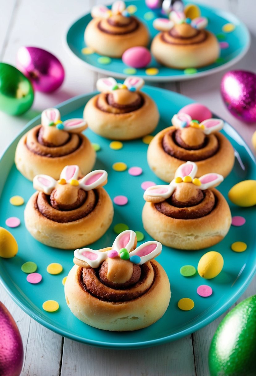 A table set with freshly baked bunny-shaped cinnamon rolls surrounded by colorful Easter decorations