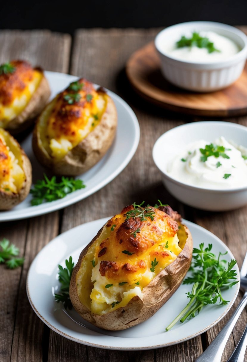 A rustic wooden table set with a platter of golden brown stuffed baked potatoes, garnished with fresh herbs and served with a side of creamy sour cream