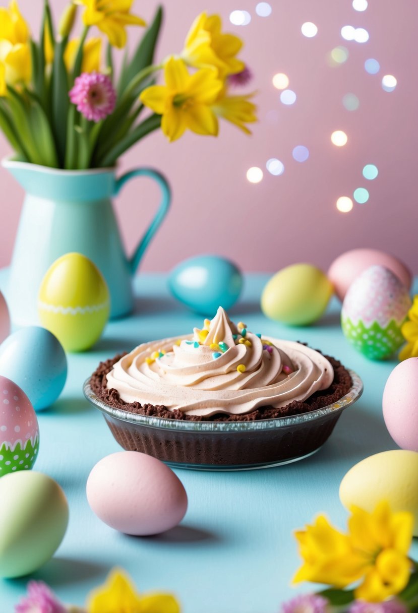 A chocolate cream pie sits on a pastel-colored table surrounded by Easter eggs and spring flowers