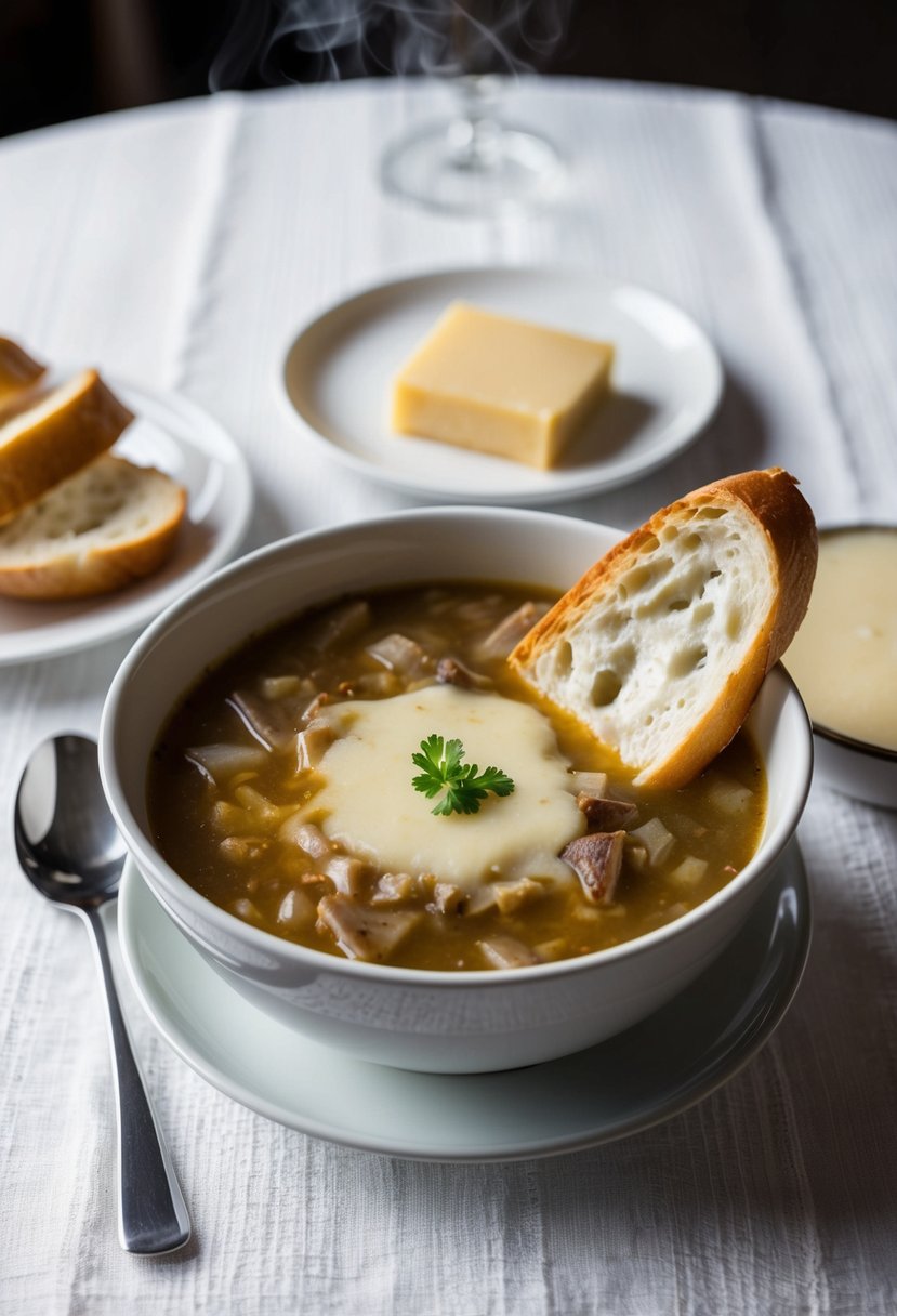 A steaming bowl of French Onion Soup sits atop a white linen tablecloth, garnished with melted Gruyère cheese and a crispy slice of baguette