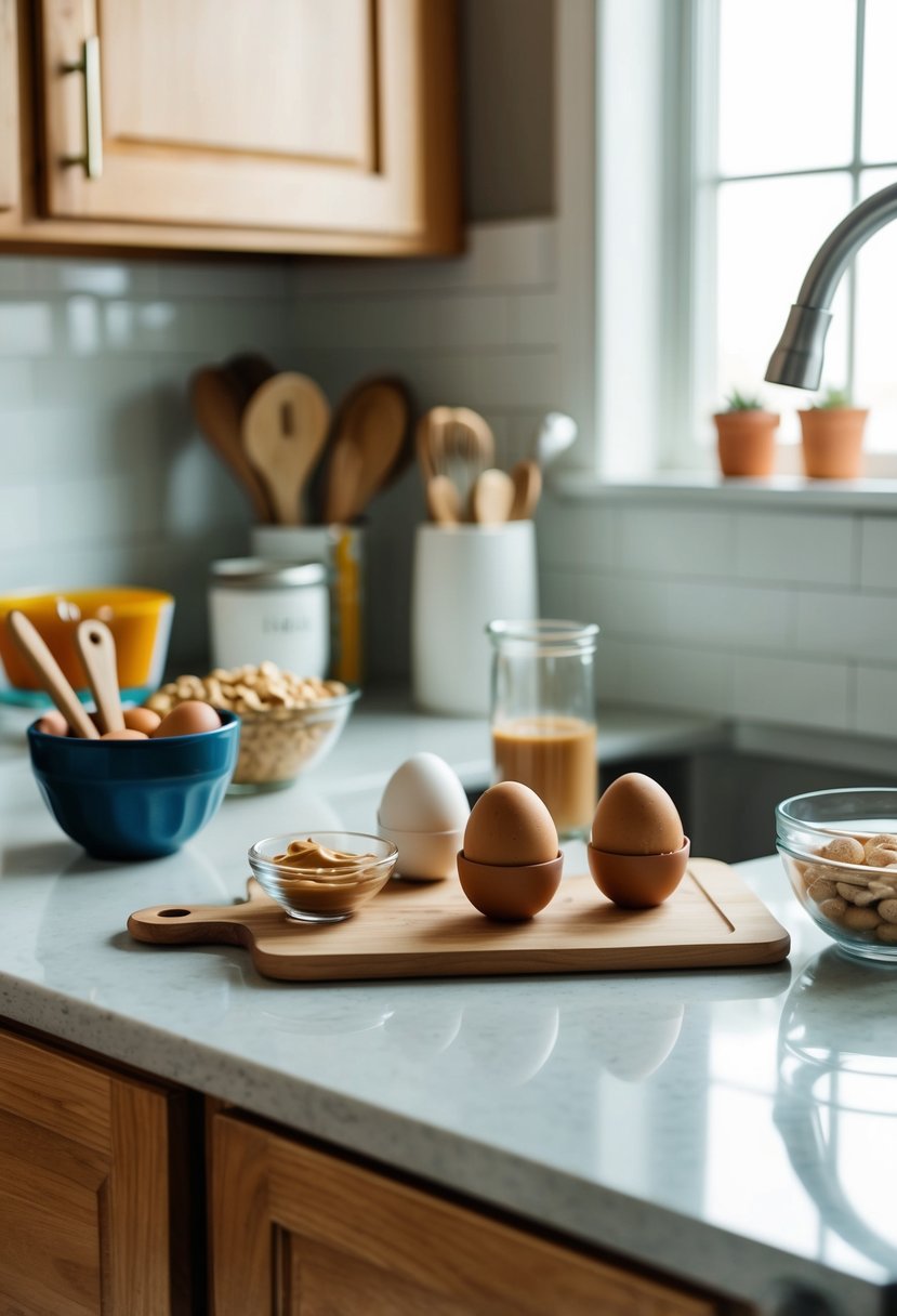 A kitchen counter with ingredients and utensils for making homemade peanut butter eggs