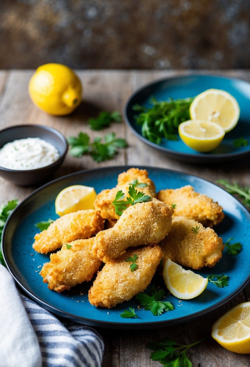 Golden panko breaded chicken wings arranged on a stylish serving platter with fresh herbs and lemon wedges