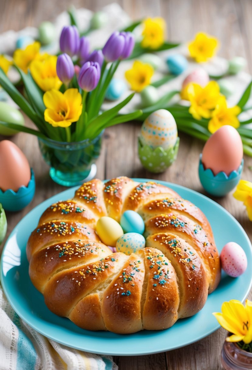 A table set with freshly baked Paska bread, decorated with colorful Easter eggs and surrounded by vibrant spring flowers