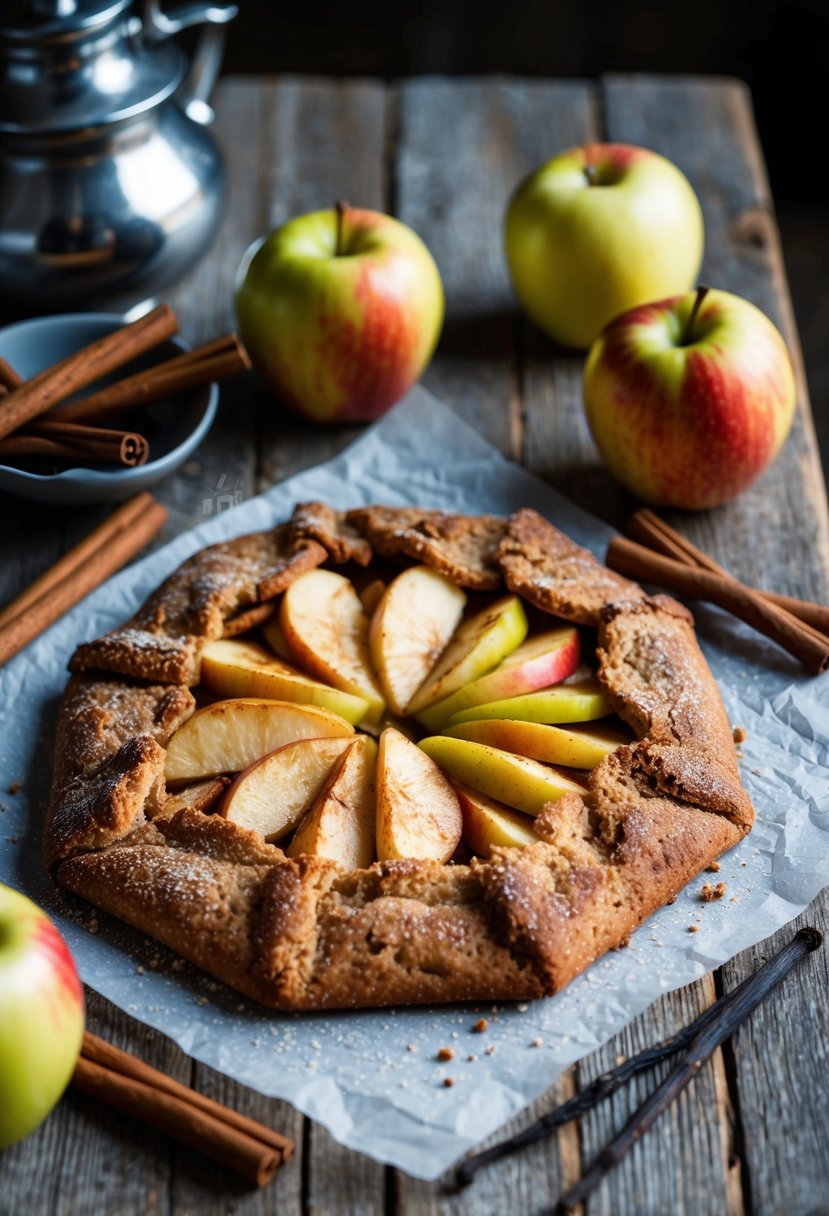 A rustic table with a golden-brown apple galette, surrounded by elegant ingredients like cinnamon sticks, vanilla pods, and fresh apples