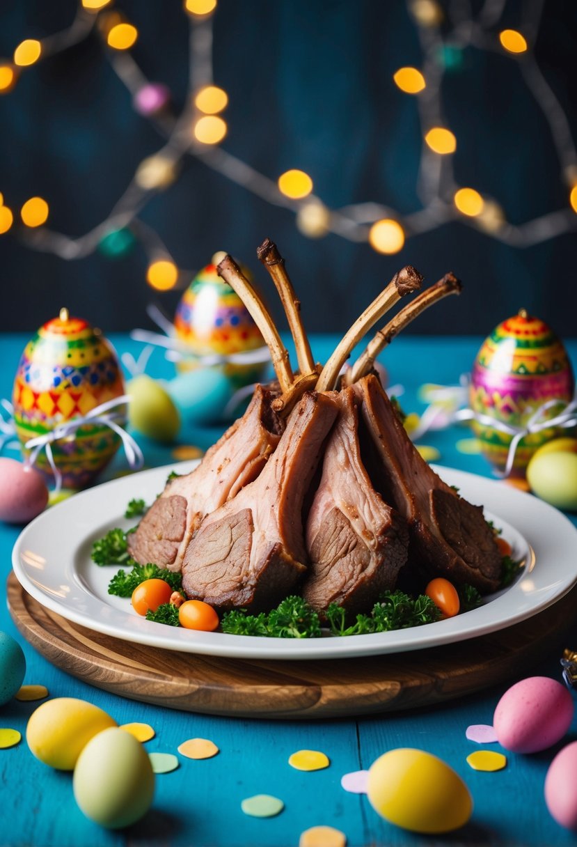 A platter of Moroccan lamb backstrap surrounded by colorful Easter decorations