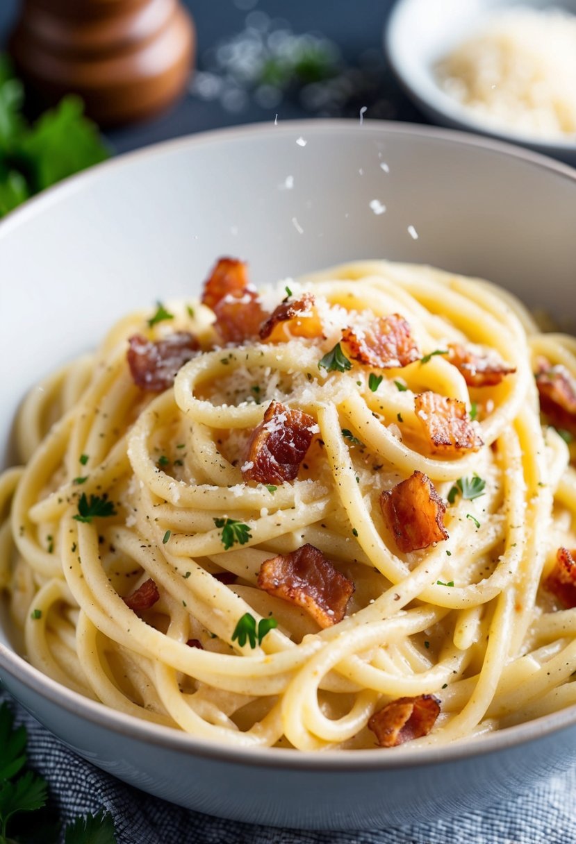 A steaming bowl of creamy carbonara pasta with crispy bacon bits and freshly grated parmesan, garnished with a sprinkle of black pepper and chopped parsley