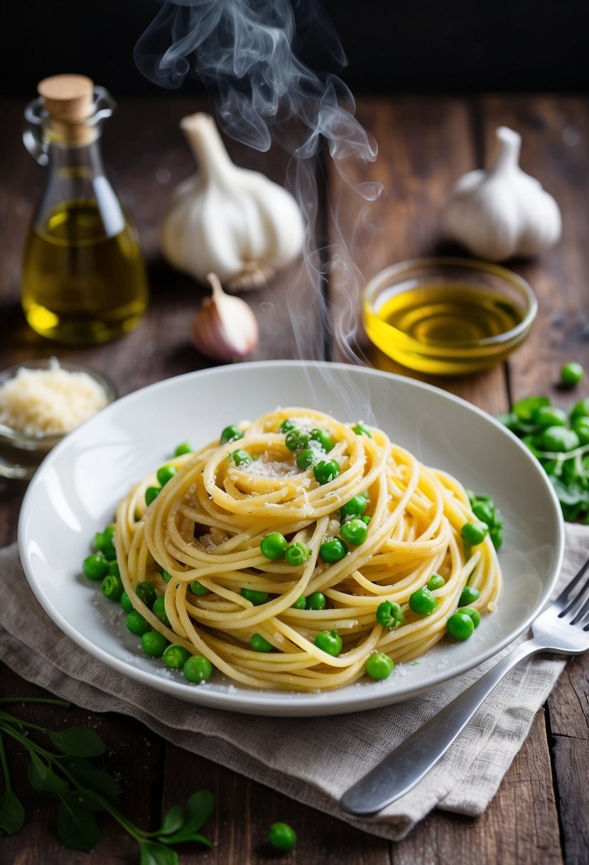 A steaming plate of pasta with peas sits on a rustic wooden table, surrounded by fresh ingredients like garlic, parmesan cheese, and olive oil