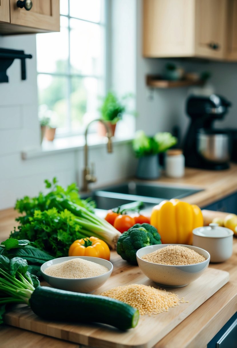 A kitchen counter with fresh vegetables, a cutting board, and a bowl of gluten-free grains