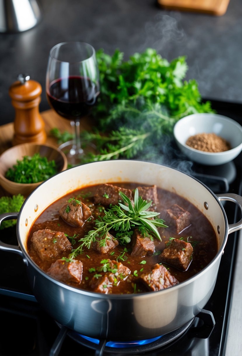 A pot of aromatic beef braise simmers on a stovetop, surrounded by fresh herbs, spices, and a splash of red wine