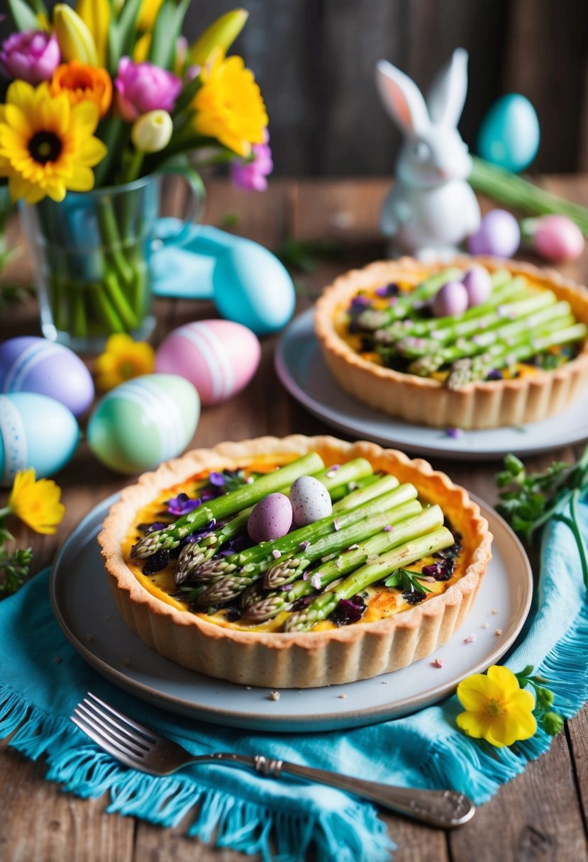 A rustic table setting with a freshly baked asparagus tart surrounded by colorful Easter decorations and vibrant spring flowers