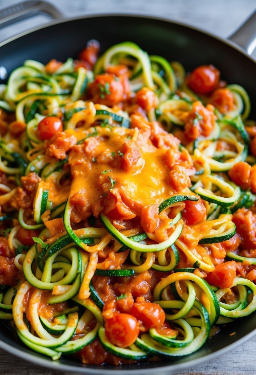 A colorful array of fresh zucchini noodles, rich tomato sauce, and melted cheese sizzling in a skillet