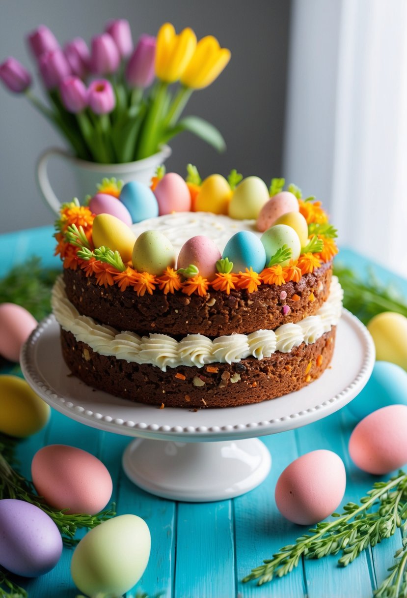 A festive Easter Carrot Cake surrounded by colorful eggs and spring flowers on a decorated table