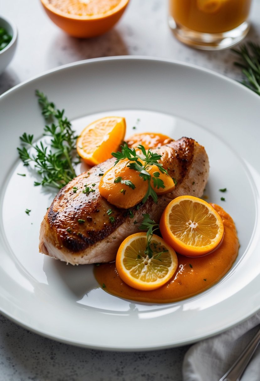 A beautifully seared duck breast with a rich, glossy orange sauce, garnished with fresh herbs and citrus slices on a pristine white plate