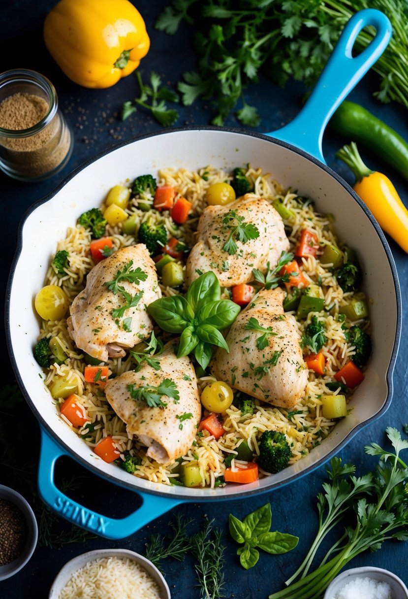 A colorful skillet filled with Greek chicken, rice, and assorted vegetables, surrounded by fresh herbs and spices