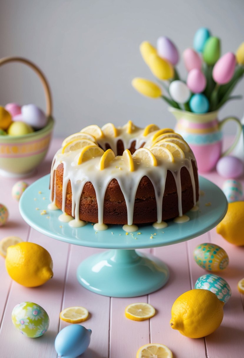 A lemon drizzle cake sits on a pastel-colored table with Easter decorations and fresh lemons scattered around