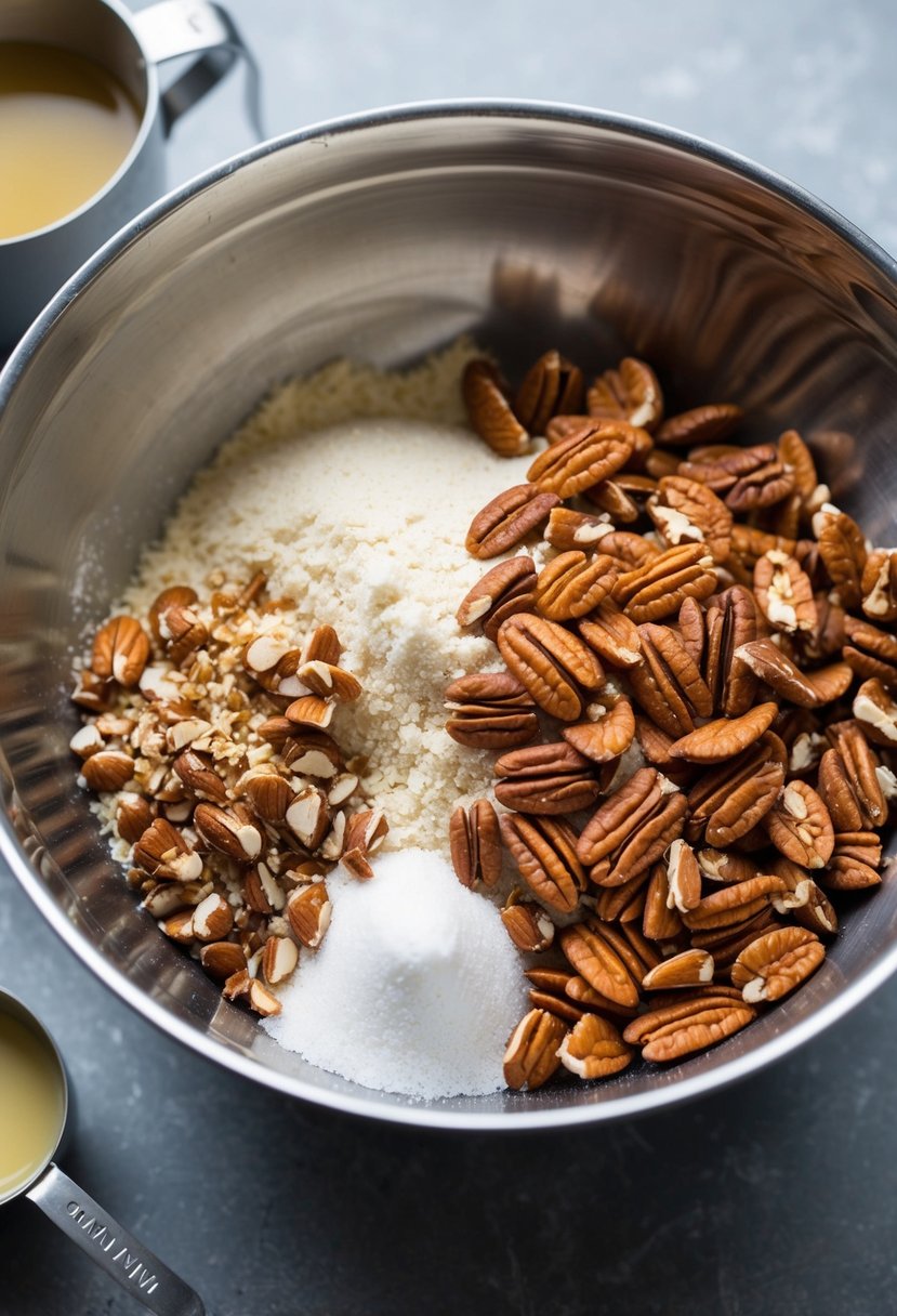 A mixing bowl filled with almond flour, chopped pecans, and other ingredients, surrounded by a measuring cup and spoon