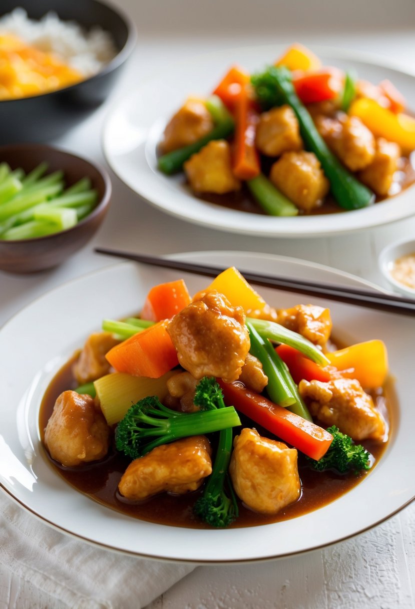 A plate of sweet and sour chicken with colorful vegetables, served on a white background