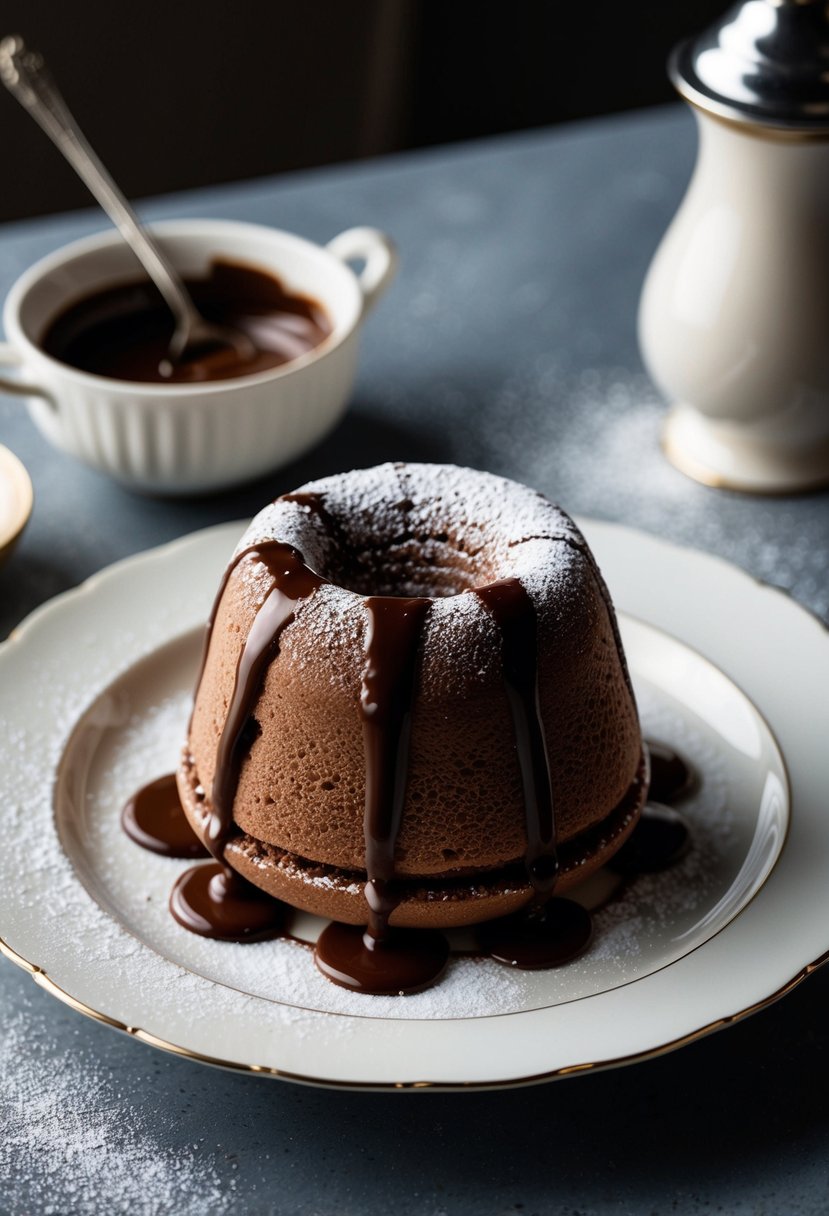 A perfectly risen chocolate soufflé sits on a delicate porcelain plate, surrounded by a dusting of powdered sugar and a drizzle of rich chocolate sauce