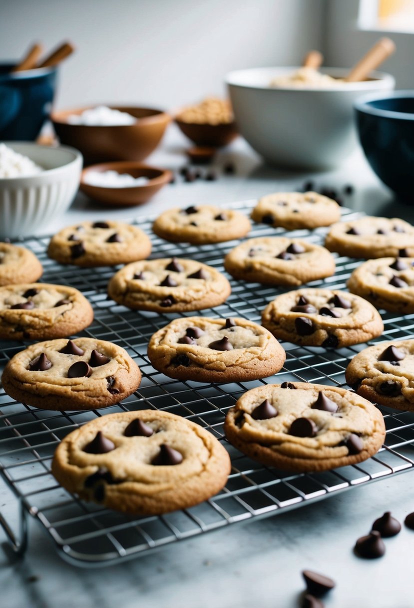 A batch of chocolate chip cookies made with almond flour, cooling on a wire rack. Ingredients and mixing bowls scattered on a kitchen counter