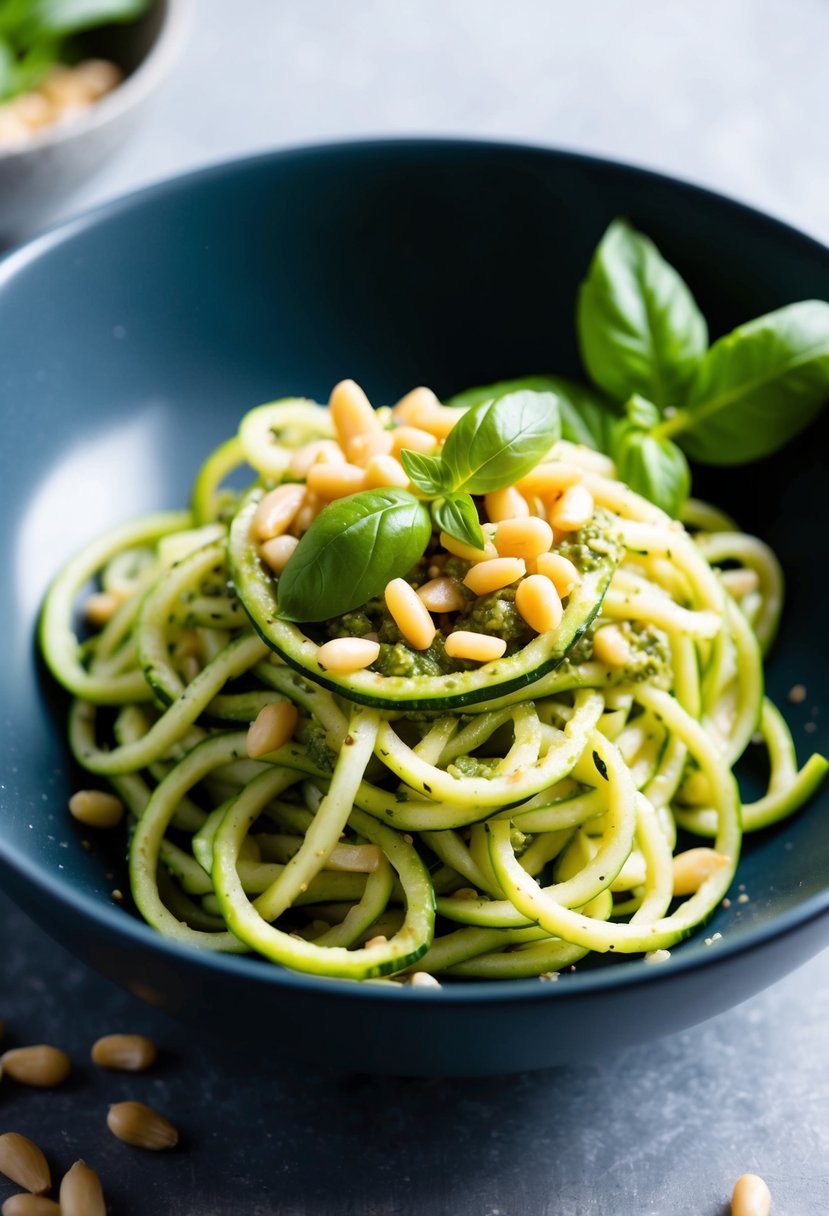 A bowl of zucchini noodles topped with pesto sauce and garnished with pine nuts and fresh basil