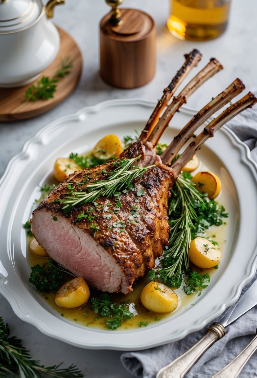 A beautifully plated roasted rack of lamb surrounded by garnishes and herbs on a white porcelain dish