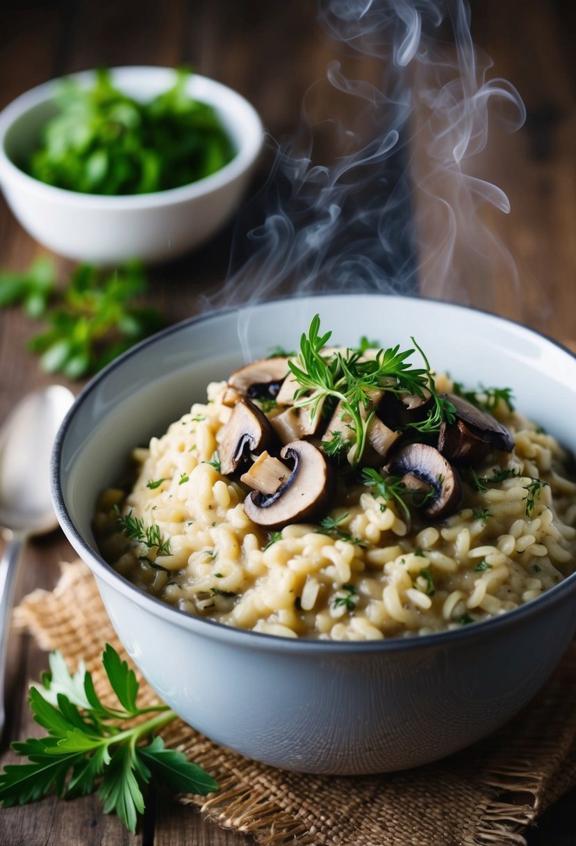 A steaming pot of creamy truffle mushroom risotto, garnished with fresh herbs, sits on a rustic wooden table