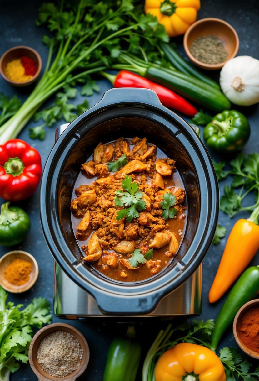 A crock pot surrounded by fresh vegetables and spices, with a chicken taco filling simmering inside