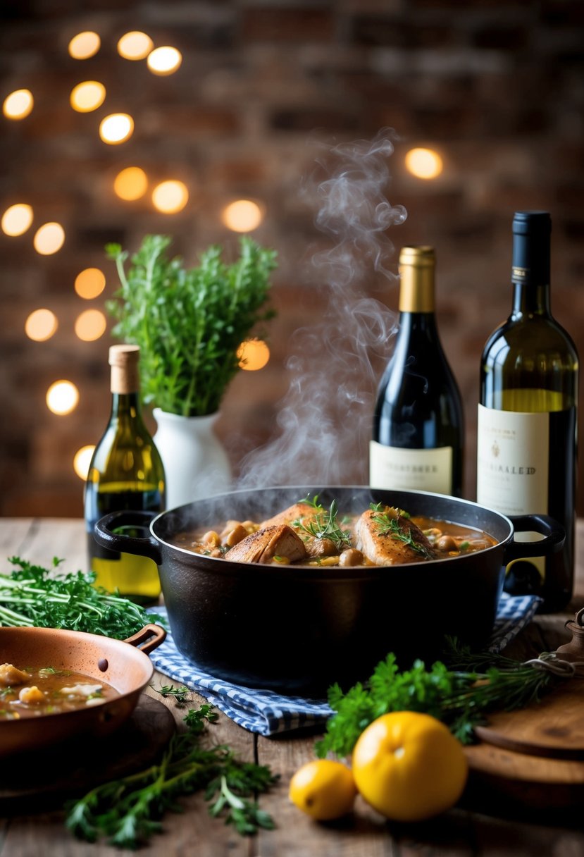 A rustic kitchen with a bubbling pot of Coq au Vin, surrounded by fresh herbs, wine bottles, and a vintage copper skillet