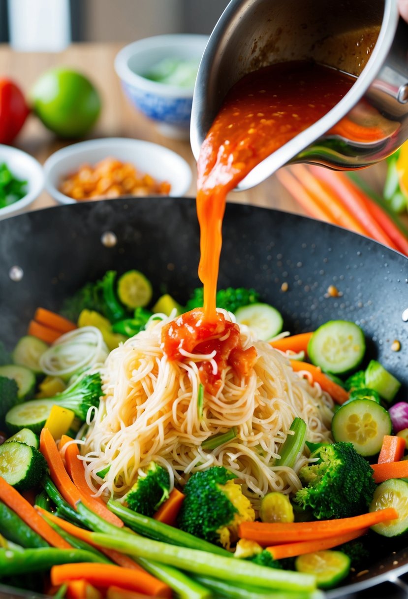 A colorful array of fresh vegetables and rice noodles stir-frying in a wok, with a vibrant sauce being poured over the top