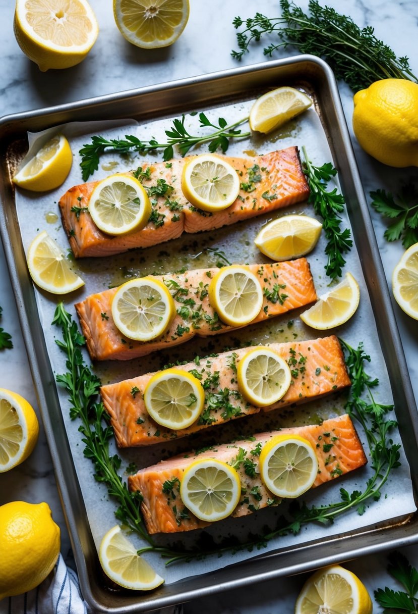 A sheet pan with lemon herb salmon, surrounded by fresh herbs and sliced lemons, ready to be baked