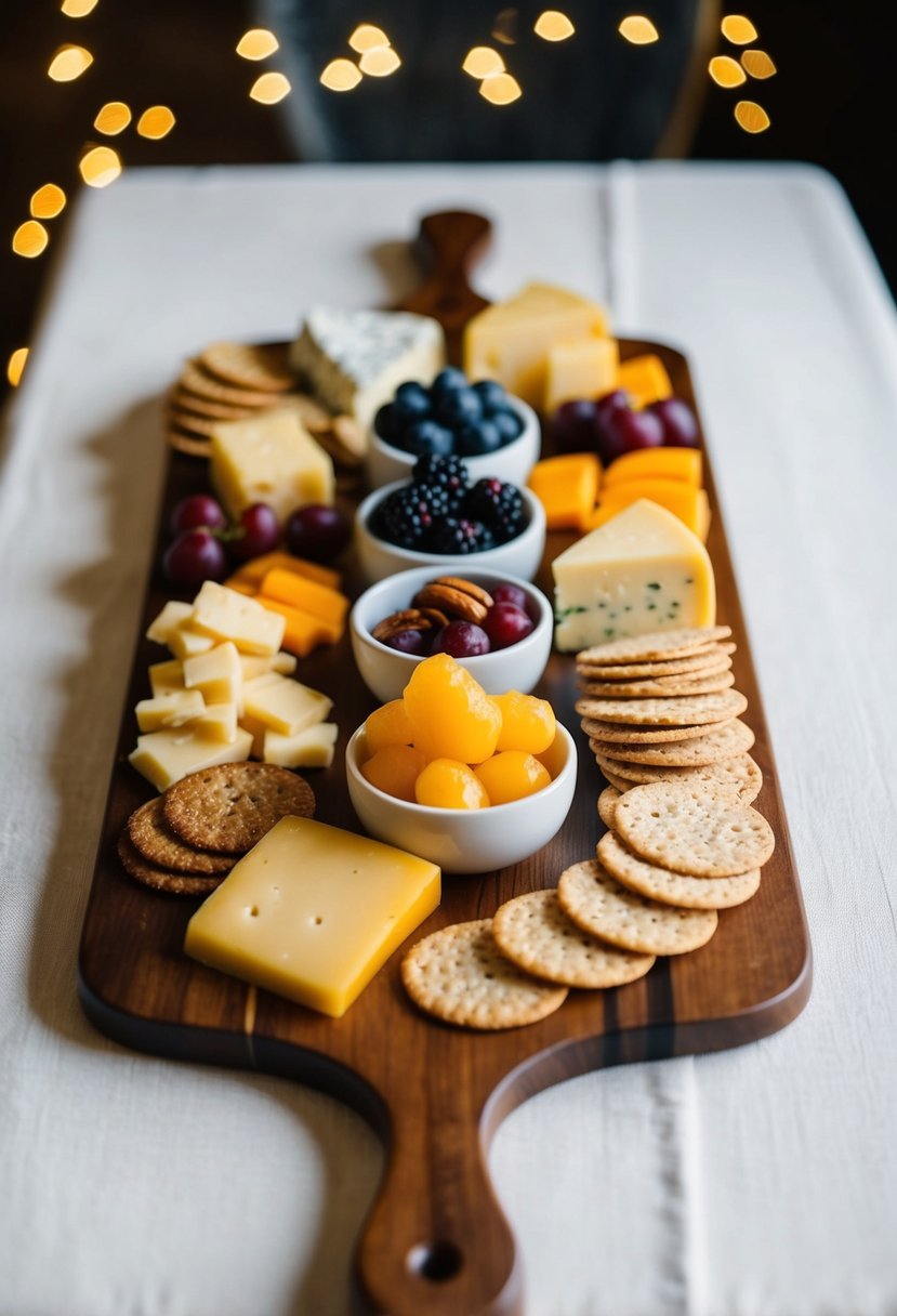 A spread of gourmet cheeses, fruits, and crackers arranged on an elegant wooden board