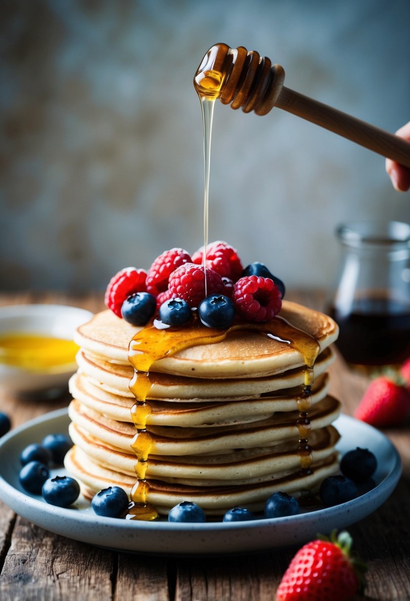 A stack of almond flour pancakes topped with fresh berries and drizzled with honey on a rustic wooden table