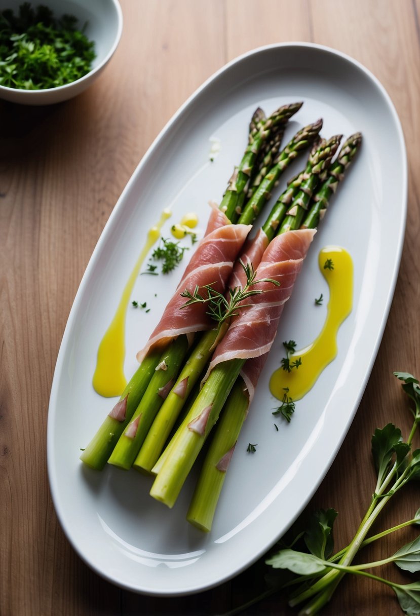 Fresh asparagus spears wrapped in thin slices of prosciutto on a sleek white serving platter, garnished with a sprinkle of herbs and a drizzle of olive oil