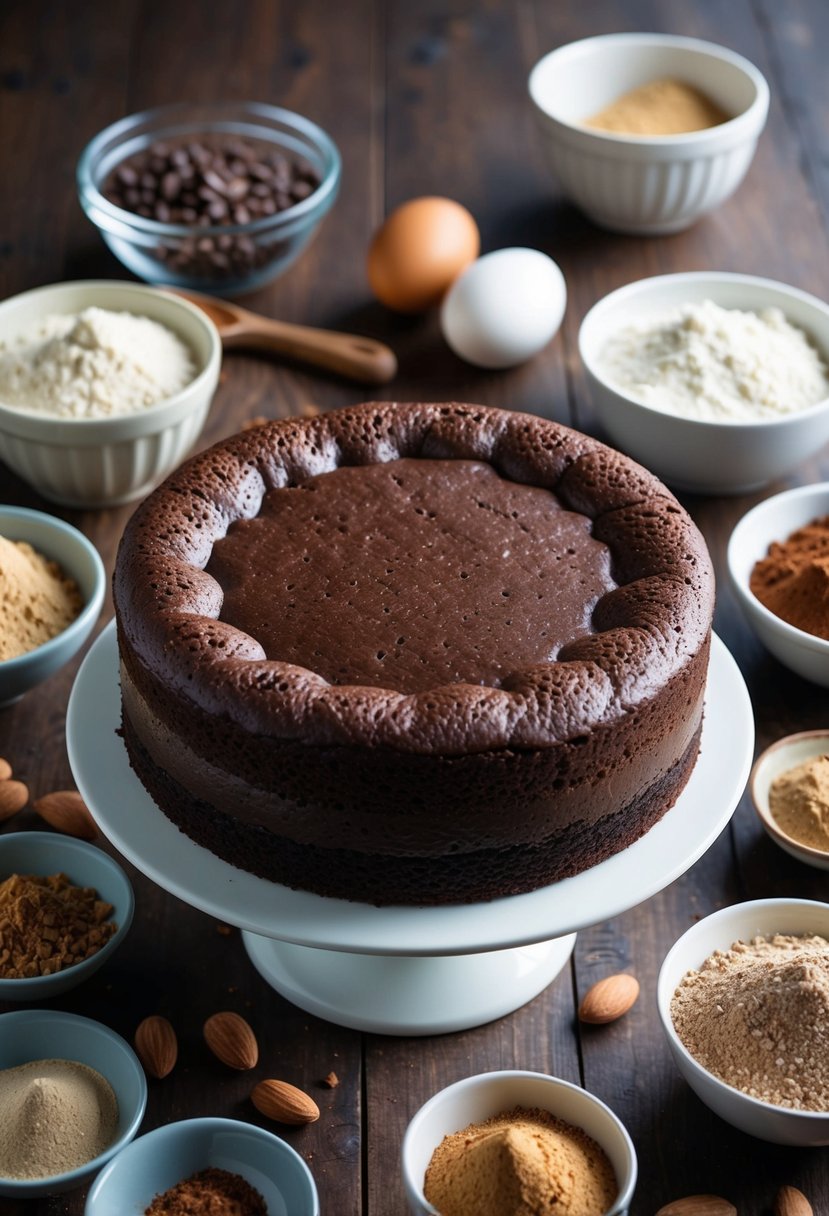 A chocolate cake being baked, surrounded by various gluten-free ingredients like almond flour, cocoa powder, and eggs