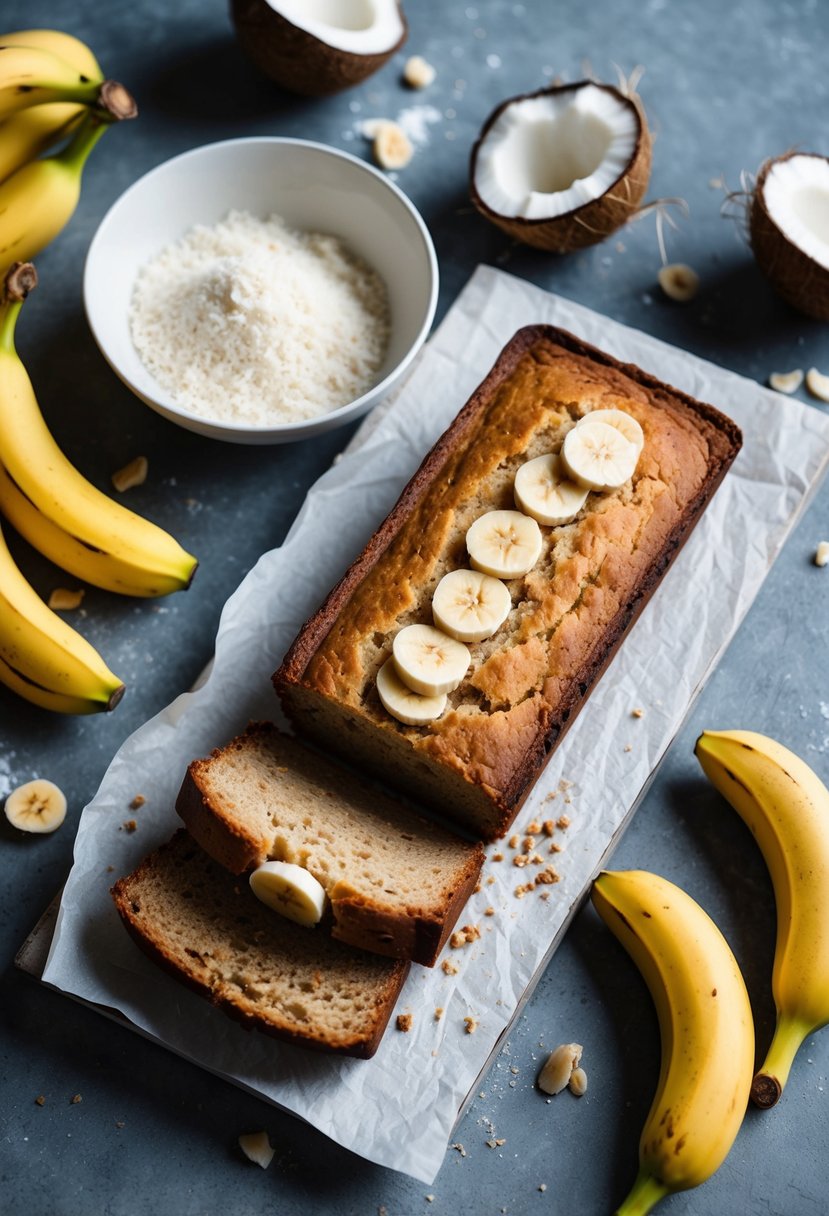 A rustic kitchen counter with a loaf of banana bread, a bowl of coconut flour, and scattered bananas and coconuts