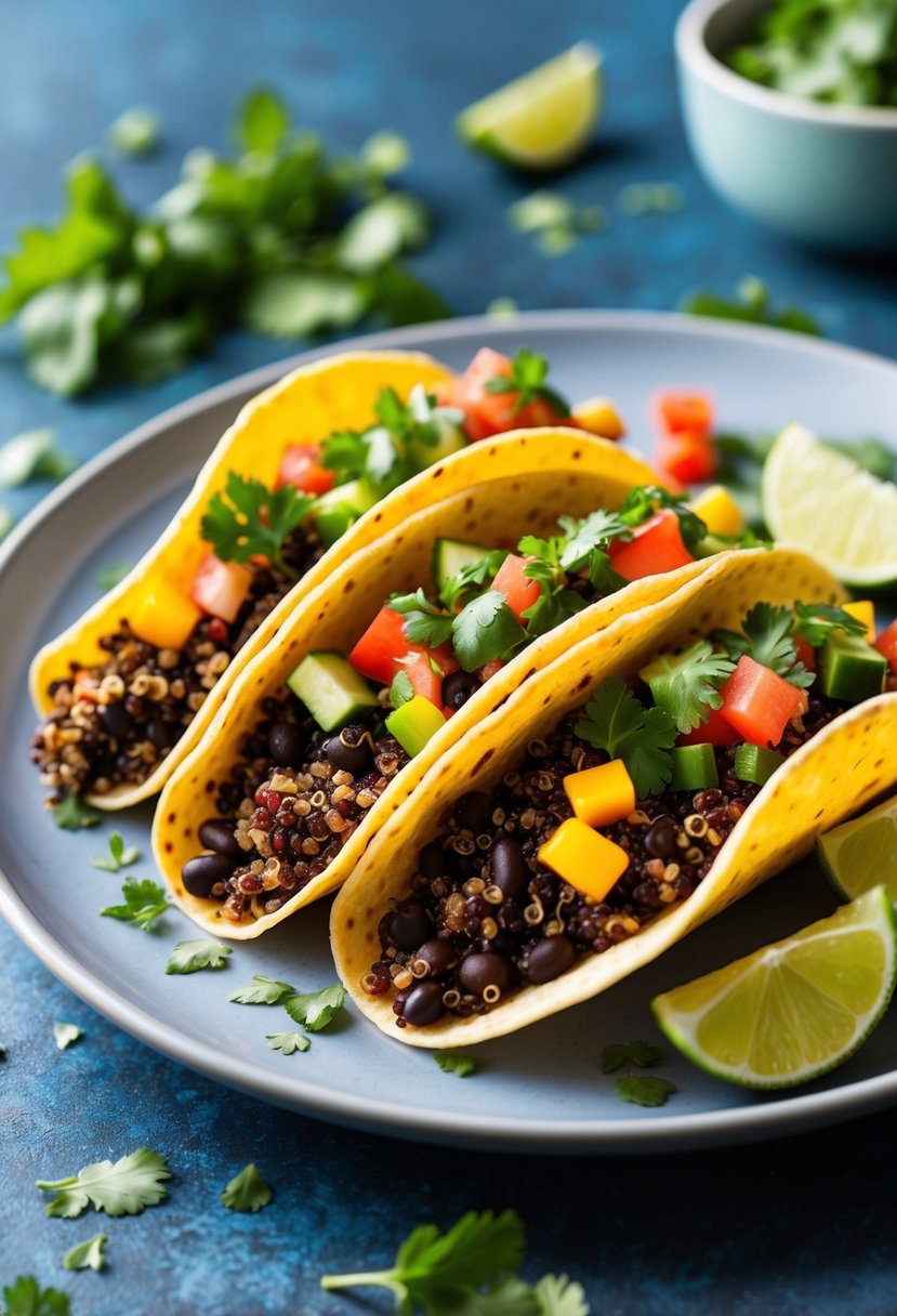 A colorful array of quinoa and black bean tacos arranged on a plate, garnished with fresh vegetables and herbs