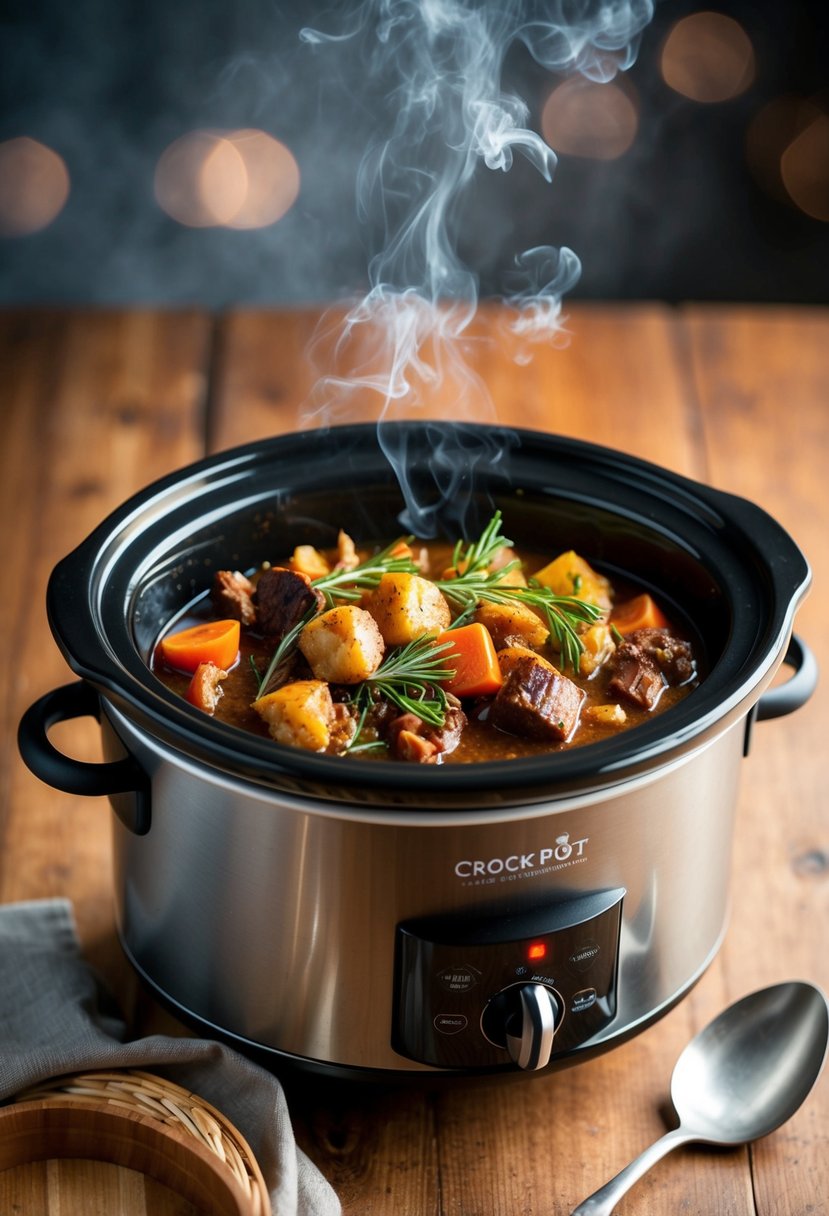 A crock pot filled with savory, slow-roasting ingredients, emitting a mouthwatering aroma