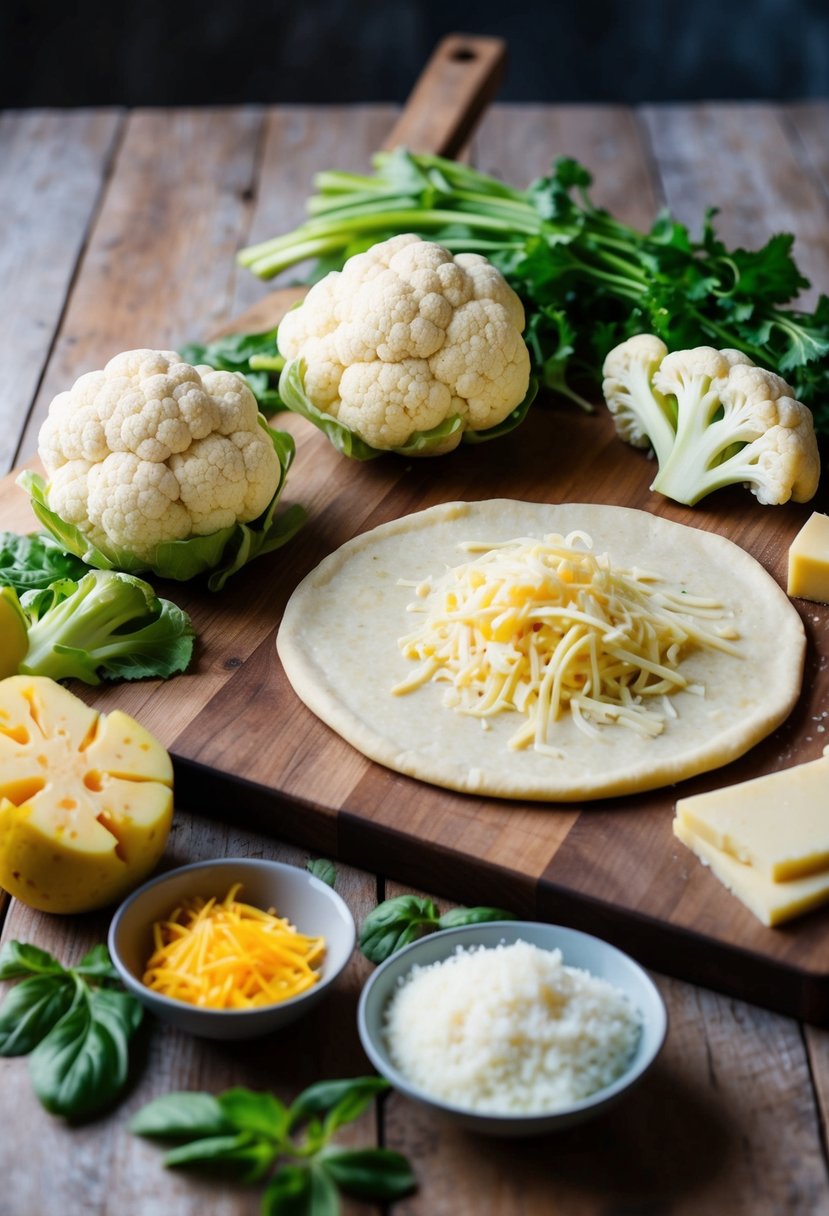 A rustic kitchen scene with fresh cauliflower, cheese, and other ingredients laid out on a wooden cutting board, ready to be transformed into a delicious gluten-free pizza crust