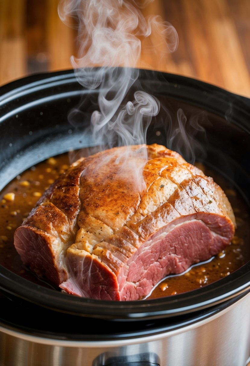 A raw roast sizzling in a hot skillet, steam rising as it browns before being placed in a slow cooker